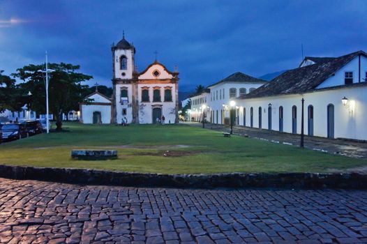 Paraty, Old city street view with a Colonial church, Brazil, South America