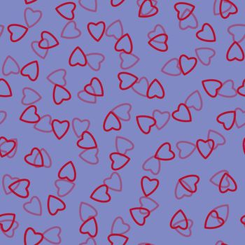 Simple hearts seamless pattern,endless chaotic texture made of tiny heart silhouettes.Valentines,mothers day background.Great for Easter,wedding,scrapbook,gift wrapping paper,textiles.Red on lilac.