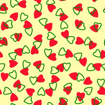 Simple hearts seamless pattern,endless chaotic texture made of tiny heart silhouettes.Valentines,mothers day background.Great for Easter,wedding,scrapbook,gift wrapping paper,textiles.Red,green,Ivory.