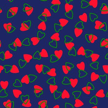 Simple hearts seamless pattern,endless chaotic texture made of tiny heart silhouettes.Valentines,mothers day background.Great for Easter,wedding,scrapbook,gift wrapping paper,textiles.Red,green,blue.