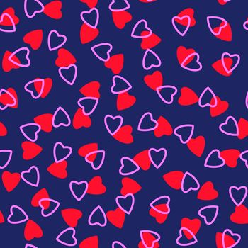 Simple hearts seamless pattern,endless chaotic texture made of tiny heart silhouettes.Valentines,mothers day background.Great for Easter,wedding,scrapbook,gift wrapping paper,textiles.Red,lilac,blue.