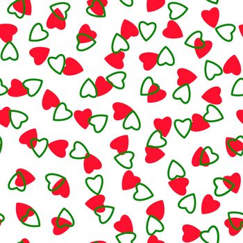 Simple hearts seamless pattern,endless chaotic texture made of tiny heart silhouettes.Valentines,mothers day background.Great for Easter,wedding,scrapbook,gift wrapping paper,textiles.Red,green,white.