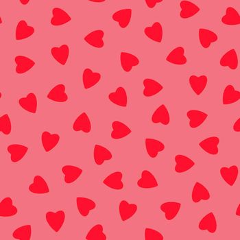 Simple hearts seamless pattern,endless chaotic texture made of tiny heart silhouettes.Valentines,mothers day background.Great for Easter,wedding,scrapbook,gift wrapping paper,textiles.Red on pink.