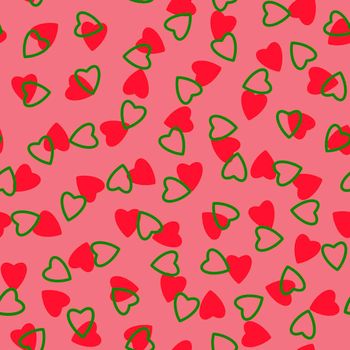 Simple hearts seamless pattern,endless chaotic texture made of tiny heart silhouettes.Valentines,mothers day background.Great for Easter,wedding,scrapbook,gift wrapping paper,textiles.Red,green,pink.