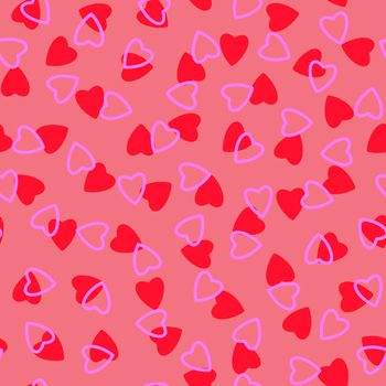 Simple hearts seamless pattern,endless chaotic texture made of tiny heart silhouettes.Valentines,mothers day background.Great for Easter,wedding,scrapbook,gift wrapping paper,textiles.Red on pink.