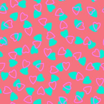 Simple hearts seamless pattern,endless chaotic texture made of tiny heart silhouettes.Valentines,mothers day background.Great for Easter,wedding,scrapbook,gift wrapping paper,textiles.Azure on pink.