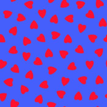 Simple hearts seamless pattern,endless chaotic texture made of tiny heart silhouettes.Valentines,mothers day background.Great for Easter,wedding,scrapbook,gift wrapping paper,textiles.Re on blue