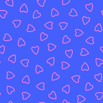 Simple hearts seamless pattern,endless chaotic texture made of tiny heart silhouettes.Valentines,mothers day background.Great for Easter,wedding,scrapbook,gift wrapping paper,textiles.Pink on blue.