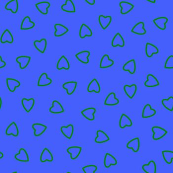 Simple hearts seamless pattern,endless chaotic texture made of tiny heart silhouettes.Valentines,mothers day background.Great for Easter,wedding,scrapbook,gift wrapping paper,textiles.Green on blue.