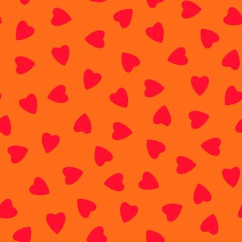 Simple hearts seamless pattern,endless chaotic texture made of tiny heart silhouettes.Valentines,mothers day background.Great for Easter,wedding,scrapbook,gift wrapping paper,textiles.Red on orange.