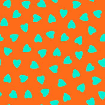 Simple hearts seamless pattern,endless chaotic texture made of tiny heart silhouettes.Valentines,mothers day background.Great for Easter,wedding,scrapbook,gift wrapping paper,textiles.Azure on orange.