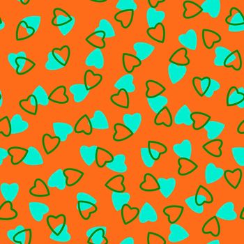Simple hearts seamless pattern,endless chaotic texture made tiny heart silhouettes.Valentines,mothers day background.Great for Easter,wedding,scrapbook,gift wrapping paper,textiles.Azure,green,orange.