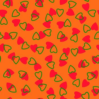 Simple hearts seamless pattern,endless chaotic texture made of tiny heart silhouettes.Valentines,mothers day background.Red,orange,green.Great for Easter,wedding,scrapbook,gift wrapping paper,textiles