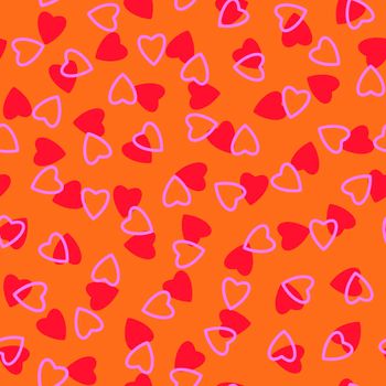 Simple hearts seamless pattern,endless chaotic texture made of tiny heart silhouettes.Valentines,mothers day background.Great for Easter,wedding,scrapbook,gift wrapping paper,textiles.Red,pink,orange.