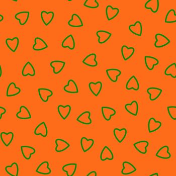 Simple hearts seamless pattern,endless chaotic texture made of tiny heart silhouettes.Valentines,mothers day background.Great for Easter,wedding,scrapbook,gift wrapping paper,textiles.Green on orange.
