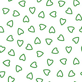 Simple hearts seamless pattern,endless chaotic texture made of tiny heart silhouettes.Valentines,mothers day background.Great for Easter,wedding,scrapbook,gift wrapping paper,textiles.Green on white.