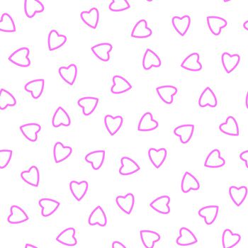 Simple hearts seamless pattern,endless chaotic texture made of tiny heart silhouettes.Valentines,mothers day background.Great for Easter,wedding,scrapbook,gift wrapping paper,textiles.Pink on white.