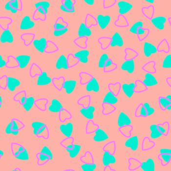 Simple hearts seamless pattern,endless chaotic texture made of tiny heart silhouettes.Valentines,mothers day background.Great for Easter,wedding,scrapbook,gift wrapping paper,textiles.Azure on pink.