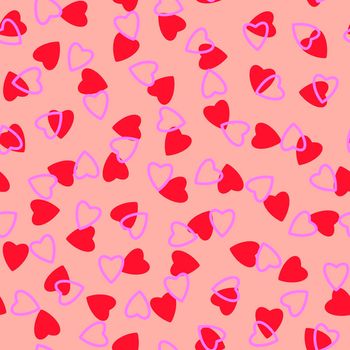 Simple hearts seamless pattern,endless chaotic texture made of tiny heart silhouettes.Valentines,mothers day background.Great for Easter,wedding,scrapbook,gift wrapping paper,textiles.Red,lilac,pink.