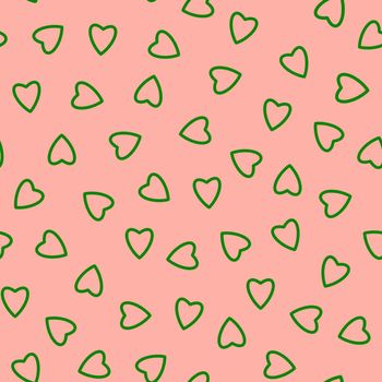 Simple hearts seamless pattern,endless chaotic texture made of tiny heart silhouettes.Valentines,mothers day background.Great for Easter,wedding,scrapbook,gift wrapping paper,textiles.Green on pink.