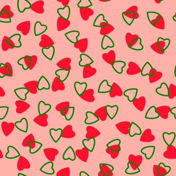 Simple hearts seamless pattern,endless chaotic texture made of tiny heart silhouettes.Valentines,mothers day background.Great for Easter,wedding,scrapbook,gift wrapping paper,textiles.Red,green,pink.