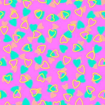 Simple heart seamless pattern,endless chaotic texture made of tiny heart silhouettes.Valentines,mothers day background.Yellow,azure,pink.Great for Easter,wedding,scrapbook,gift wrapping paper,textiles