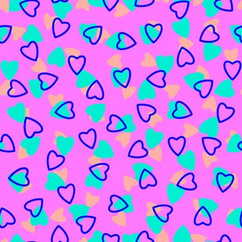 Simple hearts seamless pattern,endless chaotic texture made of tiny heart silhouettes.Valentines,mothers day background.Great for Easter,wedding,scrapbook,gift wrapping paper,textiles.Azure,blue,pink.