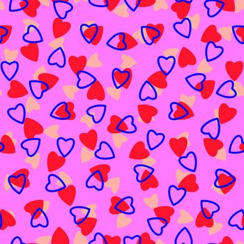 Simple hearts seamless pattern,endless chaotic texture made of tiny heart silhouettes.Valentines,mothers day background.Great for Easter,wedding,scrapbook,gift wrapping paper,textiles.Red,blue,pink.