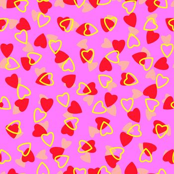 Simple hearts seamless pattern,endless chaotic texture made of tiny heart silhouettes.Valentines,mothers day background.Great for Easter,wedding,scrapbook,gift wrapping paper,textiles.Red,yellow,pink.