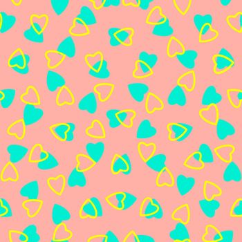 Simple hearts seamless pattern,endless chaotic texture made tiny heart silhouettes.Valentines,mothers day background.Great for Easter,wedding,scrapbook,gift wrapping paper,textiles.Azure,yellow,peach.