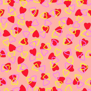 Simple hearts seamless pattern,endless chaotic texture made of tiny heart silhouettes.Valentines,mothers day background.Red,yellow,peach.Great for Easter,wedding,scrapbook,gift wrapping paper,textiles