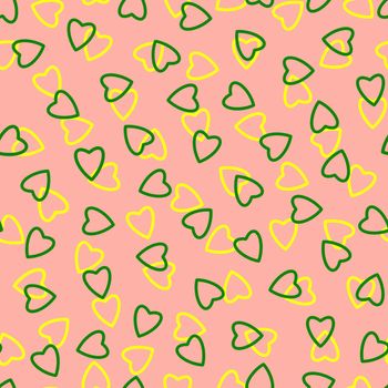 Simple hearts seamless pattern,endless chaotic texture made tiny heart silhouettes.Valentines,mothers day background.Great for Easter,wedding,scrapbook,gift wrapping paper,textiles.Green,yellow,peach.