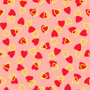 Simple hearts seamless pattern,endless chaotic texture made of tiny heart silhouettes.Valentines,mothers day background.Red,yellow,peach.Great for Easter,wedding,scrapbook,gift wrapping paper,textiles