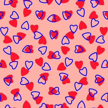 Simple hearts seamless pattern,endless chaotic texture made of tiny heart silhouettes.Valentines,mothers day background.Great for Easter,wedding,scrapbook,gift wrapping paper,textiles.Red,blue,peach.