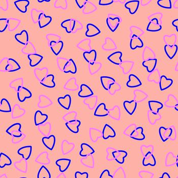 Simple hearts seamless pattern,endless chaotic texture made of tiny heart silhouettes.Valentines,mothers day background.Blue,lilac,peach.Great for Easter,wedding,scrapbook,gift wrapping paper,textiles