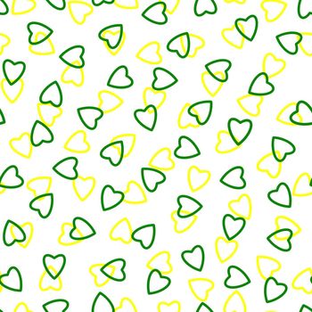 Simple hearts seamless pattern,endless chaotic texture made tiny heart silhouettes.Valentines,mothers day background.Great for Easter,wedding,scrapbook,gift wrapping paper,textiles.Green,yellow,white.