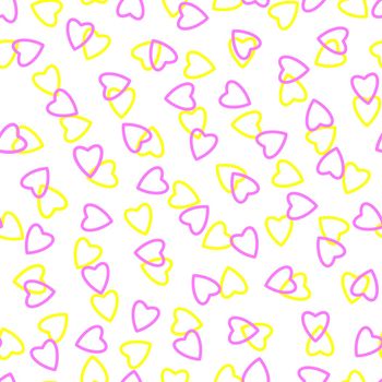 Simple heart seamless pattern,endless chaotic texture made of tiny heart silhouettes.Valentines,mothers day background.Pink,yellow,white.Great for Easter,wedding,scrapbook,gift wrapping paper,textiles