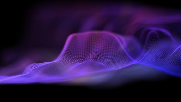 Tech background purple. Network purple technology backdrop. Big data neon background perspective. Cyber technical wave sound. 3d render.