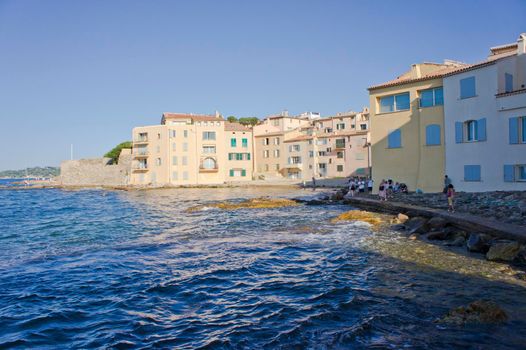 Saint Tropez, Old city view by the beach with colorful houses, Côte d'Azur, France, Europe