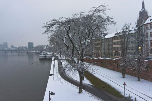 Frankfurt, Snowy day city view by the river Rhein, Germany, Europe