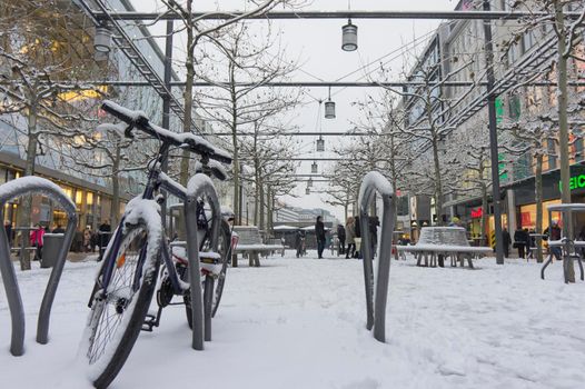 Frankfurt, Snowy day old city view, Snowy Bicycle, Germany, Europe