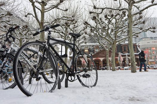 Frankfurt, Snowy day old city view, Snowy Bicycle, Germany, Europe