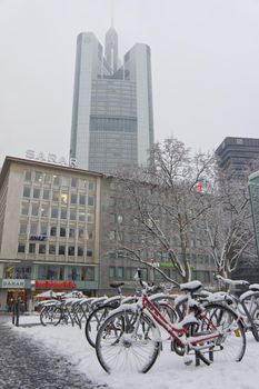 Frankfurt, Snowy day old city view, Snowy Bicycle, Germany, Europe