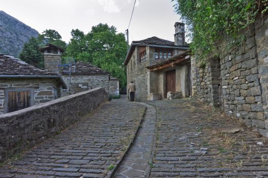 Tsepelovo Epirus, Old stone village street view, Greece, Europe