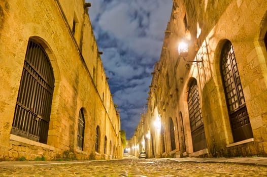 Rhodes Island, Old city, Street of the Knights view by night, Greece, Europe