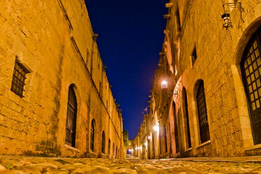 Rhodes Island, Old city, Street of the Knights view by night, Greece, Europe