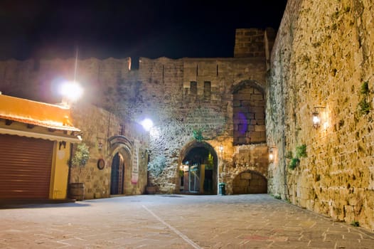 Rhodes Island, Old city street view by night, Greece, Europe