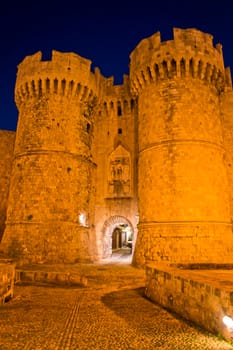 Rhodes Island, Old city street view by night, Castle Gate, Greece, Europe