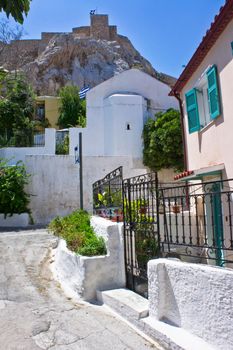 Athens Plaka Anafiotika, Old city street view with small traditional houses, Greece, Europe