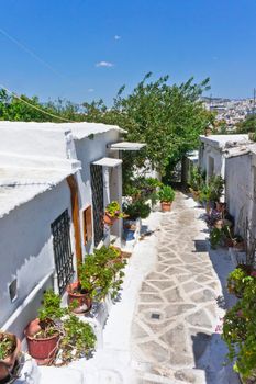 Athens Plaka Anafiotika, Old city street view with small traditional houses, Greece, Europe